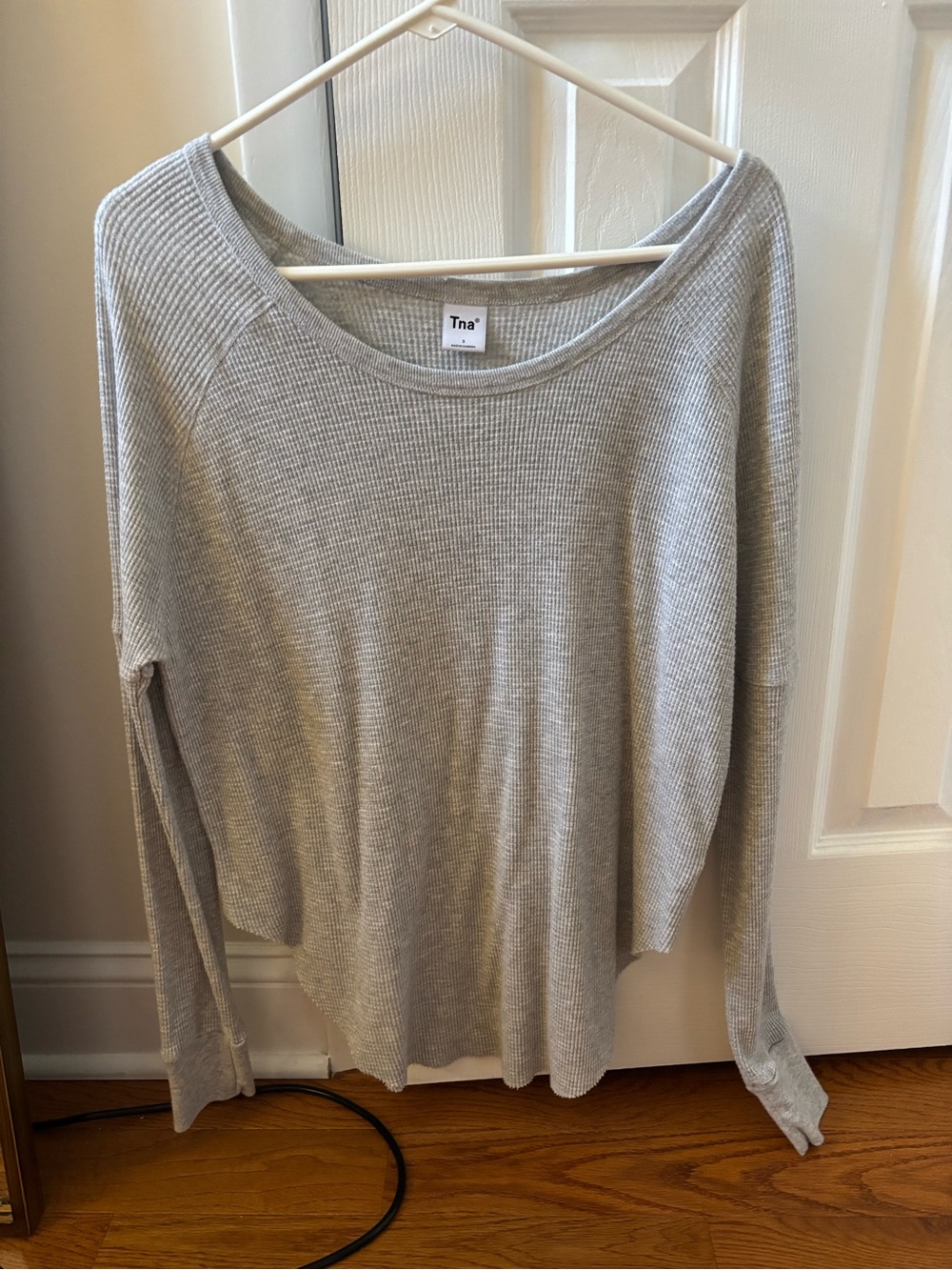 TNA Light Gray Waffle Knit Long-Sleeve Top- Aritzia